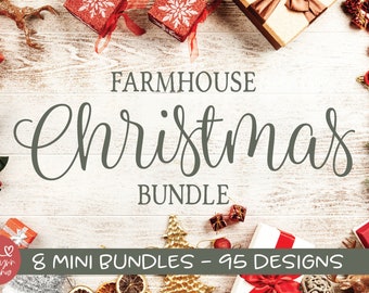 May include: A farmhouse Christmas bundle with 8 mini bundles and 95 designs. The image features a white wooden background with red and gold Christmas decorations, including ornaments, gift boxes, and a gold Christmas tree.