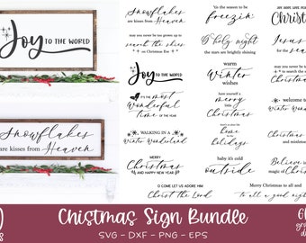 May include: A set of 20 Christmas sign designs in black text on a white background. The designs include phrases like "Joy to the World", "Snowflakes are kisses from Heaven", "It's the most wonderful time of the year", "Walking in a Winter Wonderland", "Merry Christmas and Happy New Year", "O Come Let Us Adore Him, Christ the Lord", "'Tis the season to be freezin'", "Holy Night, the stars are brightly shining", "Warm Winter Wishes", "Have yourself a merry little Christmas", "Home for the Holidays", "Baby it's cold outside", "Welcome to our Winter Wonderland", "Christmas wishes and mistletoe kisses", "Believe in the magic of Christmas", "Merry Christmas to all and to all a good night", "Joy, Hope, Love, Peace, Believe, Christmas", "Jesus is the reason for the season", "May you never be too grown up to search the skies on Christmas Eve".