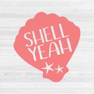 Pode incluir: Concha rosa com o texto "Shell Yeah" em letras brancas. Duas estrelas brancas estão abaixo do texto.