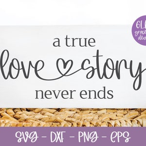 May include: A white sign with the text "a true love story never ends" in black cursive font. The sign is sitting on a woven basket with a string of white beads in the background.