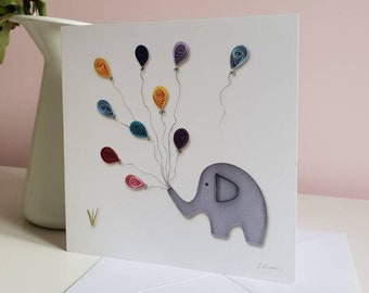 Baby Elephant Greetings card, New baby card, Christening, naming ceremony, paper quilled design, baby shower, rainbow balloon card, notecard