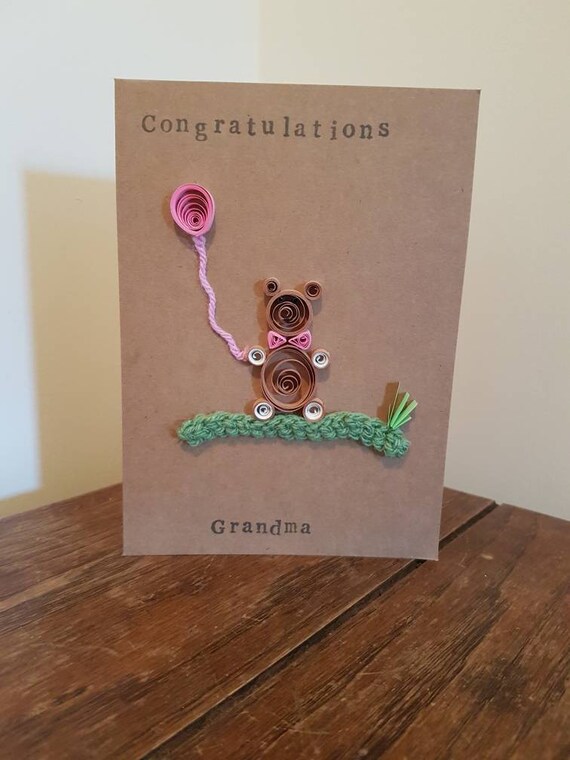 new baby congratulations card personalised paper quilled crochet handmade teddy bear grandma auntie granddad uncle baby girl baby boy congratulations grandma card