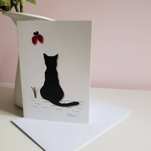 Carte de vœux Black Cat, Carte de remerciement d’anniversaire, Carte de note, Du chat, Carte d’amoureux des chats, Carte silhouette de chat, Carte de coccinelle