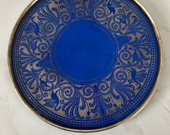 Antique Art Nouveau Cobalt Glass Plaque: Silver Overlay Griffin Design