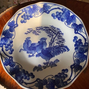 Vintage French Country Large Dark Blue and White Rooster plate Chinosorie Style