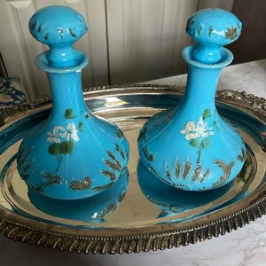 Antique France Opaline Blue Decanters Hand Painted