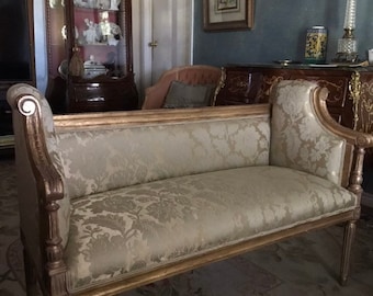 Louis XVI Style Small Love Seat Settee with Gold Wood and Damask Fabric