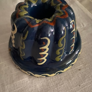 Vintage France Kouglof Bundt cake or Brioche Bread Blue and Mustard Pottery Alsace