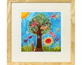 Baum der Vögel - limitierte Auflage von Batik, lebendige Kinder Druck, Kindergarten Druck, Taufe Geschenk Druck, Baby-Mädchen-Druck, Kinderzimmer