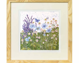 Meadow Blues - Limited edition print of batik, flowers print, butterfly print, wild flower print, wild flower art, british garden flowers