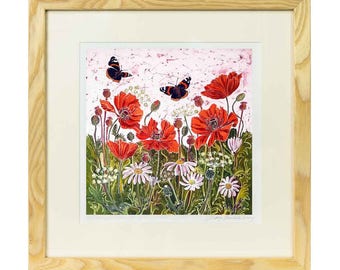 Red Admirals and Poppies - Limited edition print of batik, flowers print, flowers and butterflies print, wild flower print, wild flower art