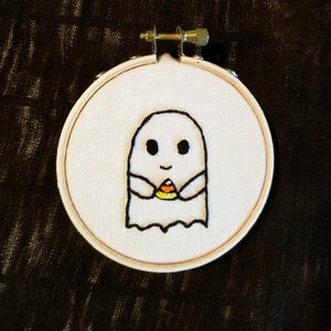 Candy Corn Ghost. Halloween Ornament. Gift Under 40. Hand Embroidery Ghost. Sweet Tooth Candy Lover. Spoopy Artwork. Small Ghost Stitching