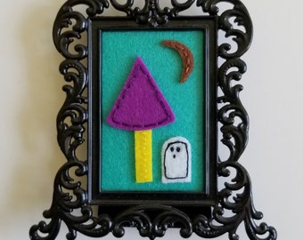 Vibrant Ghost Landscape Embroidery. Felt Art. Hand Embroidered Framed Stitched Ghost. Gothic Black Metal Frame. Horror Movie Requiem Piece.