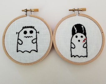 Ghost Bride. Monster Gift Under 60. Ghost Frankenstein Hand Embroidery. Halloween Wall Decor. Embroidered Set Two Piece. Wedding Couple Gift