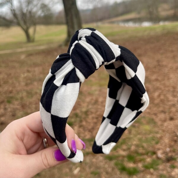 Black and white checkered top knot headband