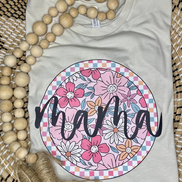 Retro Checkered Floral ‘Mama’ T-Shirt