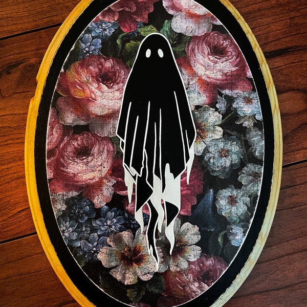 Black and Floral Lonely Ghost Wall Art Solid Wood Oval Plaque | 9" Small Size | Handmade Halloween Home Decor | Spooky Season Decorations