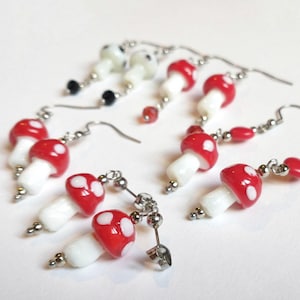 Mushroom Earrings, Glass Bead Toadstool Cottagecore Fairy Goblincore Earrings