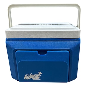 May include: A blue and white cooler with a white handle. The cooler has a blue body, a white lid, and a blue front panel with the "Koolaroo" logo. This portable cooler is designed for keeping items cold.