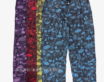 May include: Four pairs of printed trousers with a mushroom and butterfly design. The trousers are in purple, red, yellow, and blue.