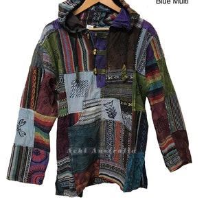 May include: A patchwork hooded jacket in a blue, green, red and purple colour scheme. The jacket has a drawstring hood and a button fastening. The text "Blue Multi" is visible in the top right corner of the image.