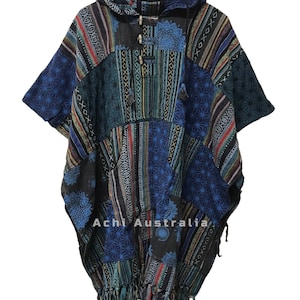 May include: A blue and multi-coloured hooded poncho with a geometric pattern and fringe trim. The poncho has a drawstring hood and a button closure. "Achi Australia" is printed on the bottom of the poncho.