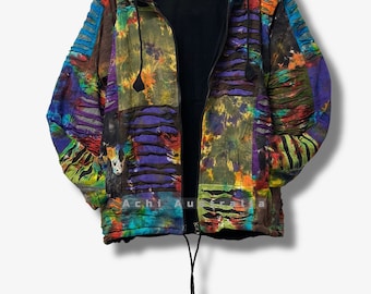 Razor cut tie dye Patchwork cotton jacket with fleece lining for both men and women