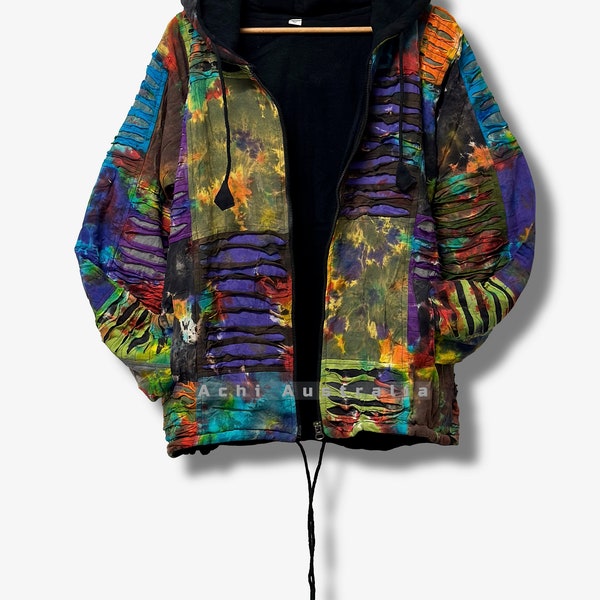 Razor cut tie dye Patchwork cotton jacket with fleece lining for both men and women