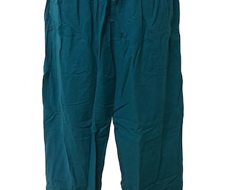 May include: Teal blue cotton pants with a drawstring waist. The pants have a relaxed fit and are made of a soft, comfortable fabric.