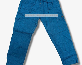 May include: Petrol blue cargo pants with a drawstring waist and button closure. The pants have two large pockets on the sides.
