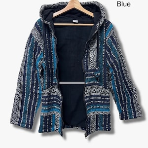May include: A blue and white striped hooded jacket with a zip closure. The jacket has a black fleece lining and a pattern of geometric shapes.