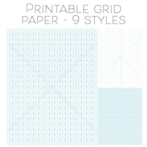 Puede incluir: Papel cuadriculado imprimible en nueve estilos diferentes. El primer estilo es una cuadrícula con líneas diagonales, el segundo es una cuadrícula de puntos, el tercero es una cuadrícula de líneas horizontales y el cuarto es una cuadrícula de líneas onduladas.