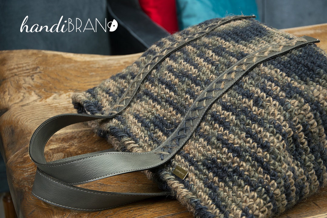 DIY Large Shopping Bag Kit, Eco Leather Accessories and Jute Rope Cord, Crochet Bag Craft