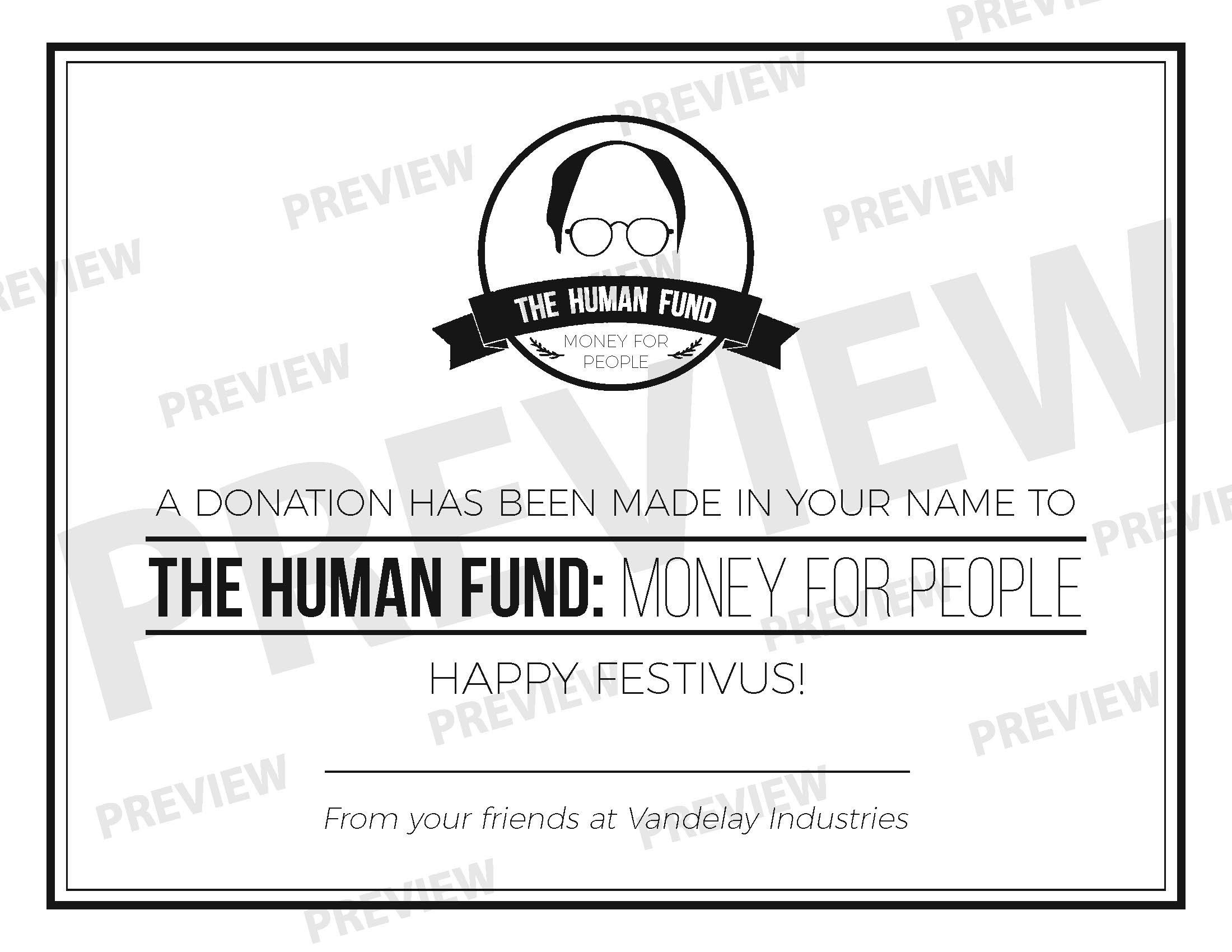The Human Fund Gift Certificate Donation Made in Your Name Card