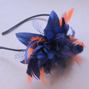 Navy and orange feather fascinator headband, weddings, races, ladies day image 3