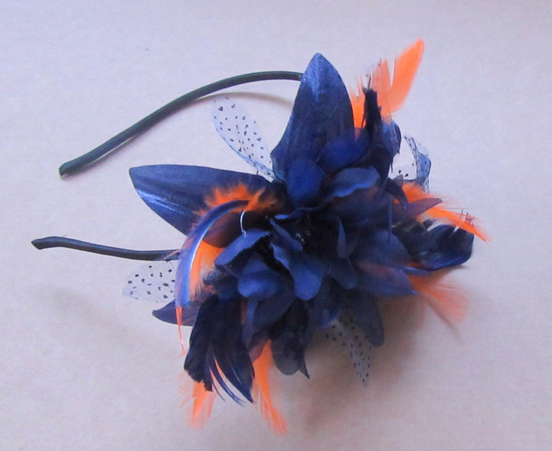 Navy and orange feather fascinator headband, weddings, races, ladies day image 3