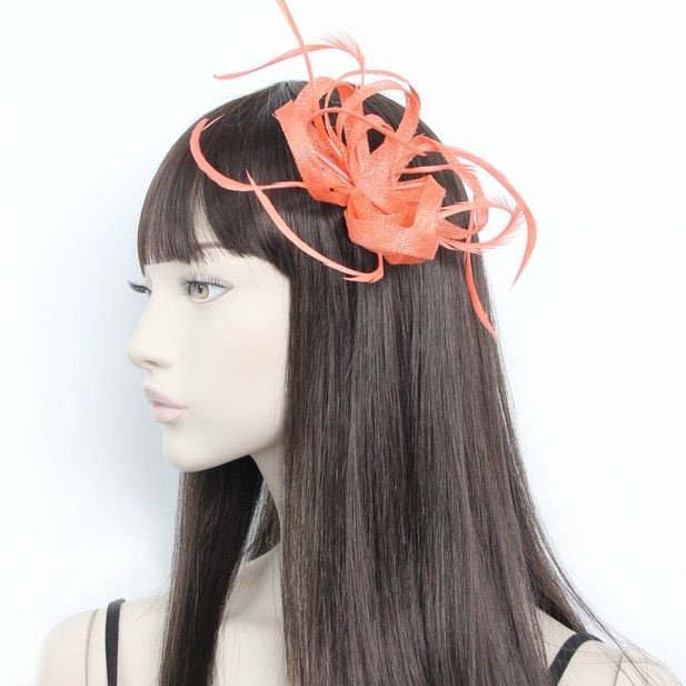 New Coral orange sinamay and feather comb fascinator wedding races ascot prom 