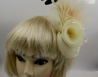 Cream mesh and feather fascinator clip weddings, races,prom