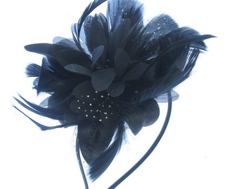 Black feather fascinator headband weddings, races, ladies day