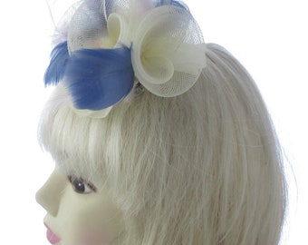 Small mesh and feather  fascinator clip,cream blue, weddings races, prom