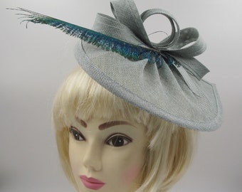 Light grey with bluey green peacock sword feather,fascinator hat, Weddings, Races, Prom