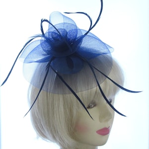 Navy blue large fascinator with net and feather , weddings, races, prom