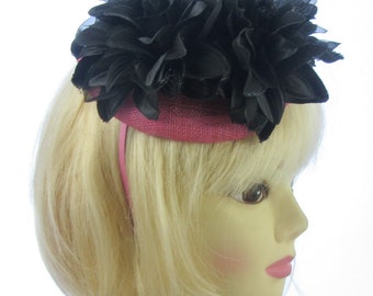 Black and pink juliet cap and headband fascinator hatinator weddings, races. prom.