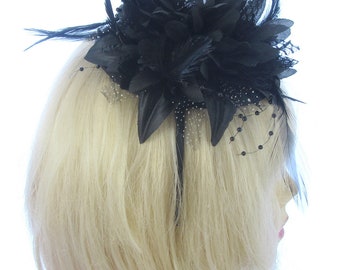 All black fascinator juliet cap and headband weddings, races prom