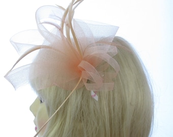 Light Peach Fascinator Mesh and Feather 