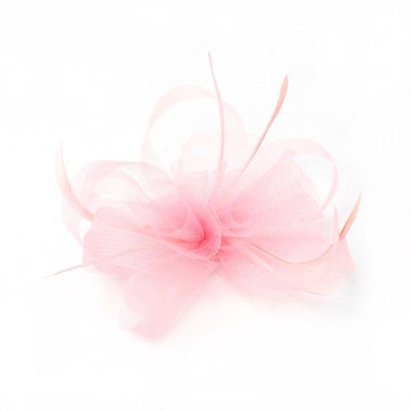 Rose pink mesh and feather fascinator on a clip and brooch pin , weddings, races prom