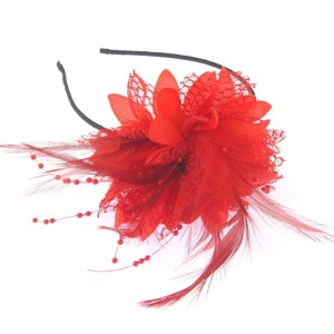red fascinator flower on a black band, weddings, races, prom