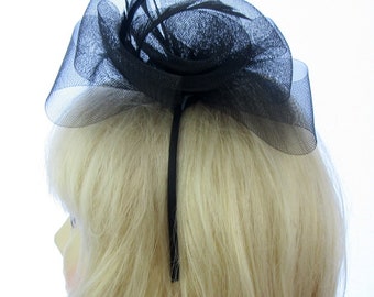 Black mesh and feather fascinator headband weddings, races, ladies day