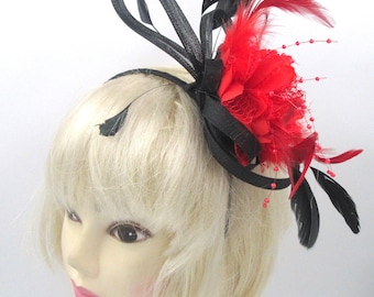 Red and black looped fascinator headband , weddings, races, prom