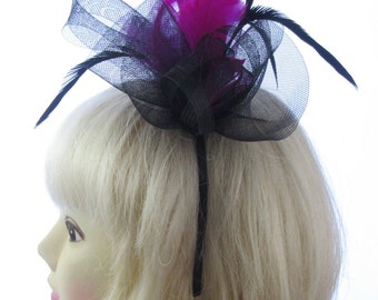 Black and hot pink feathers fascinator headband weddings, races, prom ladies day
